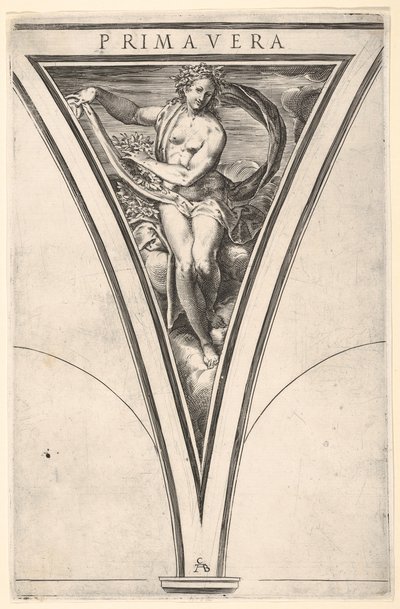 Spring Primavera repræsenteret som en kvinde, der bærer en bølgende drapering og guirlander..., ca. 1570-1615. af Cherubino Alberti