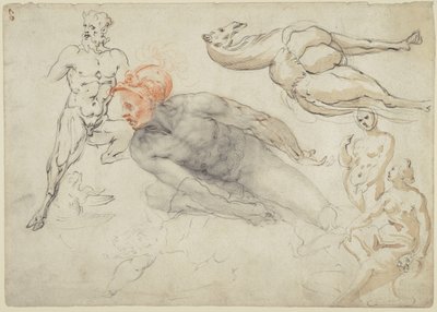 Studier af mandlige og kvindelige nøgenbilleder, en satyr og en kamel (recto); statue af Marcus Aurelius (verso) af Cherubino Alberti