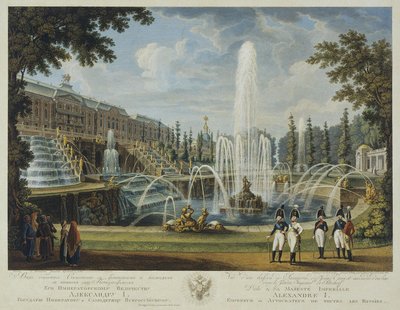 Udsigt over den store kaskade, Samson-fontænen og det store palads ved Peterhof, begyndelsen af det 19. århundrede. af Chessky
