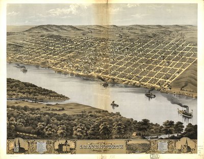 Fugleperspektiv af byen Leavenworth, Kansas 1869 af Chicago Lithographing Co.