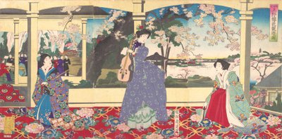 En dansefest: Nyder Cherry Blossom Viewing på Ueno Tobukai Ueno oka yuran no z..., marts, 1887. af Chikanobu Yoshu