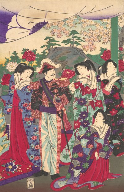 Kejser blandt hofdamer, ca. 1880., ca. 1880. af Chikanobu Yoshu
