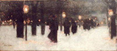 På tværs af almen en vinteraften, ca. 1885-86 (olie på panel) af Childe Frederick Hassam