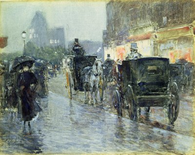 Horse Drawn Cabs at Evening, New York, ca. 1890 (akvarel og gouache på papir) af Childe Frederick Hassam