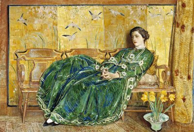 April: (Den grønne kjole) af Childe Hassam