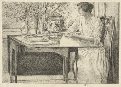 The Colonial Table (Holley House, Cos Cob) (recto); Landskab med lade (verso) af Childe Hassam