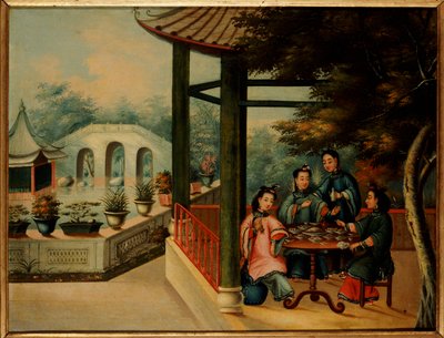 En kinesisk havescene med damer, der tager te, midten af det 19. århundrede af Chinese School