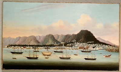 A View of Victoria, Hong Kong, med Hulk H.M.S Princess Charlotte og amerikansk, britisk og fransk shipping, ca. 1862 af Chinese School