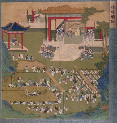 Oldtidens kinesiske kejser og kejserinde holder hoffet foran hoffolk, der sejler ind og drikker af en dam med risvin og forsyner sig med bacon (wc og gouache på papir) af Chinese School