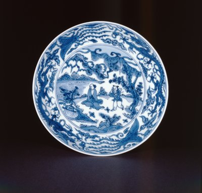 Blåt og hvidt fad malet med en salvie og ledsager, Wanli mærke og periode, 1573-90 (porcelæn) af Chinese School