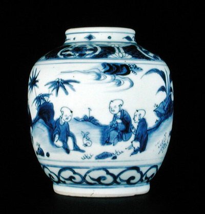 Blå og hvid krukke malet med en drenge med en hare, Wanli eller Chongzheng, 1600-30 (porcelæn) (se 206093, 206094, 206096) af Chinese School