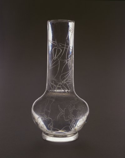 Flaske indgraveret med bambus, lingzhi svampeplanter og sten, Qianlong mærke og periode, 1736-95 (glas) af Chinese School