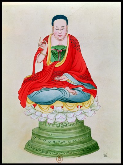 Buddha siddende på en lotusblomst (wc på papir) af Chinese School