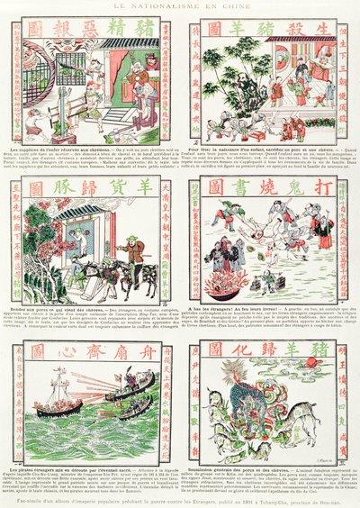 Kinesisk nationalistisk og antieuropæisk billedsprog, fra et faksimilealbum med populære billeder, der prædiker krig mod udlændinge, 1891 af Chinese School