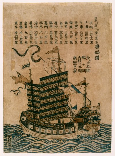 Kinesisk skib (Tosen Zu) med oversigt over søruten fra Kina til Japan, ca. 1850 (farvet træbloktryk) af Chinese School