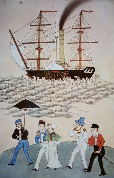 Kinesisk maleri af det første britiske dampskib og passagerer, der gik i land i Kanton omkring 1840 (se også 268028) af Chinese School