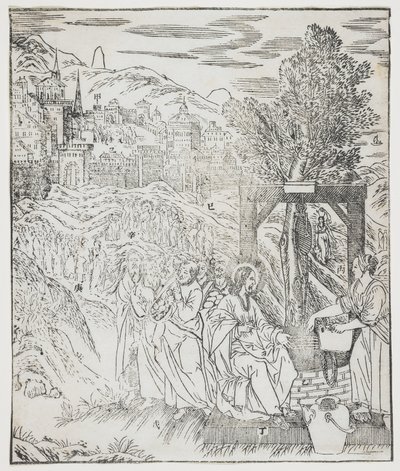 Kristus ved brønden, tallerken fra Giulio Alenis Tianzhu jiangsheng zhuxiang jingjie (En illustreret historie om Himlens Herre, der blev inkarneret i kødet), Jinjiang Kirke, Fujian-provinsen, Chi af Chinese School