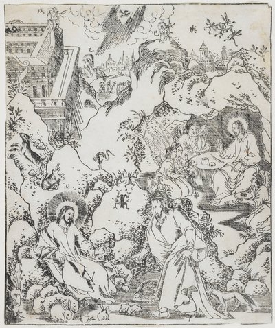 Kristus i ørkenen, tallerken fra Giulio Alenis Tianzhu jiangsheng zhuxiang jingjie (En Illustreret Historie om Himlens Herre, der blev inkarneret i kødet), Jinjiang Kirke, Fujian Provinc af Chinese School