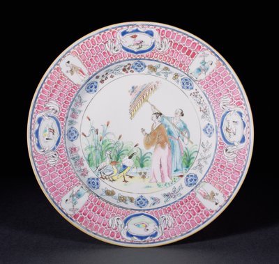 Middagstallerken malet i Famille Rose forestillende La Dame au Parasol, efter et design af Cornelis Pronk (1691-1759) Qianlong periode (1736-95) c.1734 (porcelæn) af Chinese School