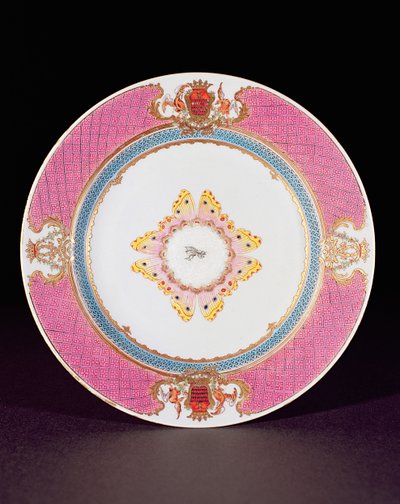 Middagstallerken malet i Famille Rose-emalje med armene fra Grimaldi di Castro, Yongzheng-perioden (1723-35) ca. 1735 (porcelæn) af Chinese School
