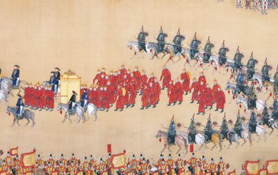 Kejser Qianlongs gennemgang af den store parade af tropper, håndscroll af Chinese School