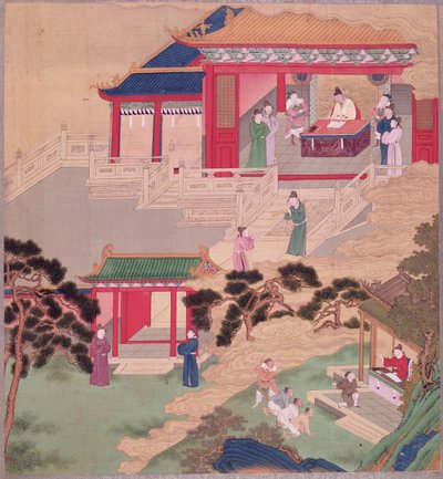 Kejser Tai Tsung (r.762-779) læser en lægebog fra en historie med kinesiske kejsere (farve på silke) af Chinese School