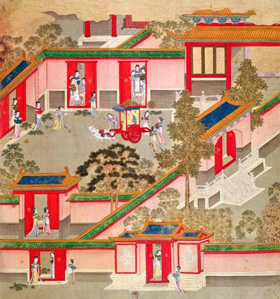 Kejser Wu Ti (156-87, r.141-87 f.Kr.), forlader sit palads, fra en historie med kinesiske kejsere (farve på silke) af Chinese School