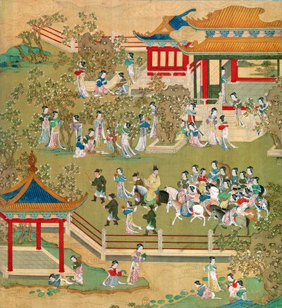 Kejser Yang Ti (581-618) slentrer i sine haver med sine koner, fra en historie med kinesiske kejsere (farve på silke) (se også 176855) af Chinese School