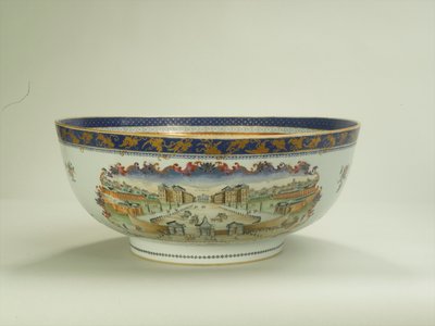Famille rose punch skål med ovalt blade panel, der forestiller Foundling Hospital i 1750