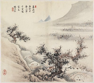 Landskab (blæk og farver på papir) af Chinese School
