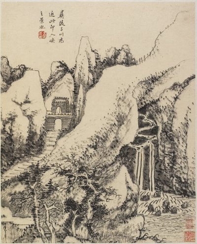 Landskab (blæk på papir) af Chinese School