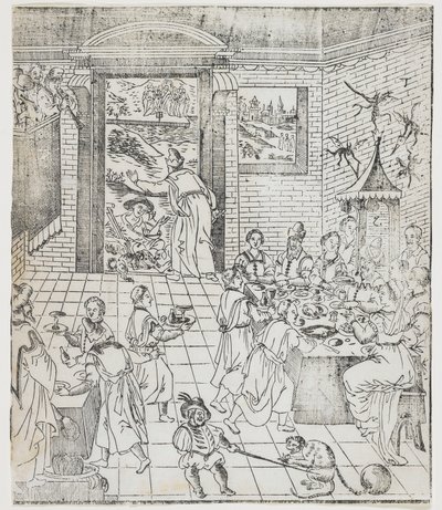 Lazarus ved den rige mands hus, tallerken fra Giulio Alenis Tianzhu jiangsheng zhuxiang jingjie (En illustreret historie om Himlens Herre, der blev inkarneret i kødet), Jinjiang Kirke, Fu af Chinese School