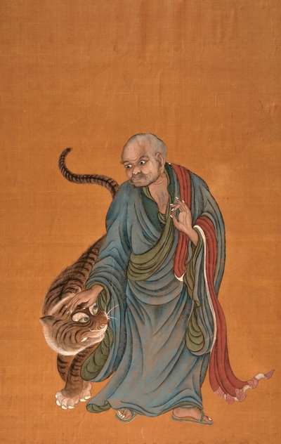 Lohan med tiger, slutningen af det 18. til begyndelsen af det 19. århundrede (farve på silke) af Chinese School
