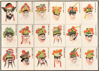 Makeup-designs til kinesiske operafigurer (træblok i farve på papir) af Chinese School