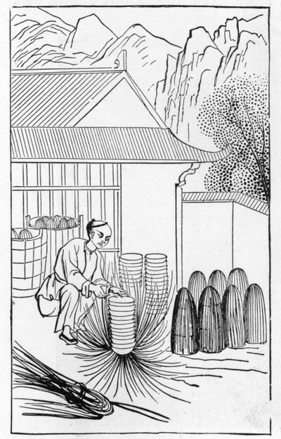 Pakning porcelæn, fra en række illustrationer om fremstilling af porcelæn (se 384116 & 384117 for hele serien) af Chinese School