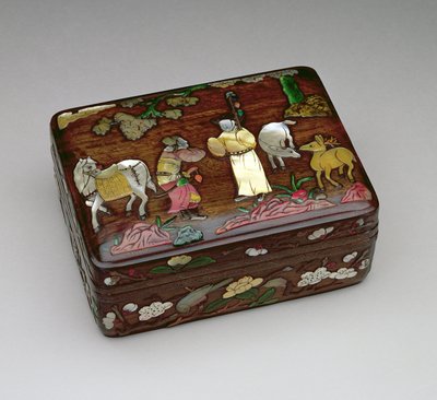 Rektangulær tzu-tan boks, der forestiller en kejserlig budbringer, der er kommet for at få frigivelsen af Su Wu, lavet af Chou-familiens værksted, midt i slutningen af Ming-dynastiet 1368-1644 (træ med pa-pao-indlæg) af Chinese School