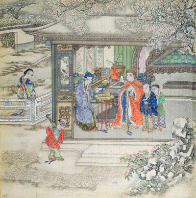 Scene i en have med en familie, der modtager besøgende (gouache på silke) af Chinese School