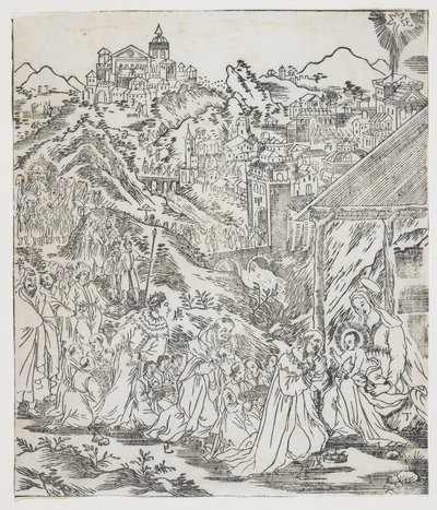 The Adoration of Christ, tallerken fra Giulio Alenis Tianzhu jiangsheng zhuxiang jingjie (En illustreret historie om Himlens Herre, der blev inkarneret i kødet), Jinjiang Kirke, Fujian-provinsen af Chinese School