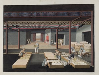 Kasserne og pakningen af skåle og fade, plade 12 i en serie på tolv, der viser processen med kinesisk porcelænsfremstilling, 1800-tallet af Chinese School
