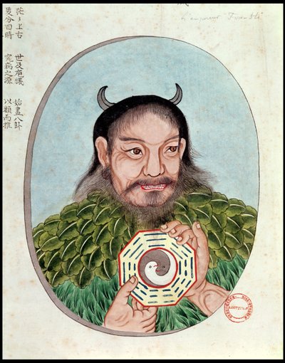 Den legendariske kejser Fu-Hsi, illustration fra en Pen Tsao, 18.-19. århundrede af Chinese School