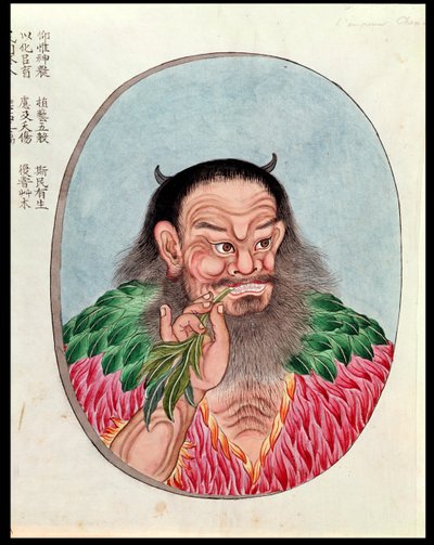 Den legendariske kejser Shen-Nung, illustration fra en Pen Tsao, 18.-19. århundrede af Chinese School