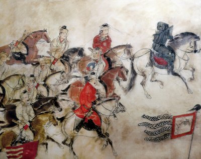 Prins Zhanghuais grav, jagtscene med heste, Xian, Han-perioden, 706 (vægmaleri) af Chinese School
