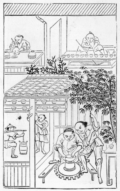 Drejebassiner, fra en række illustrationer om fremstilling af porcelæn (se 384116 & 384117 for hele serien) af Chinese School