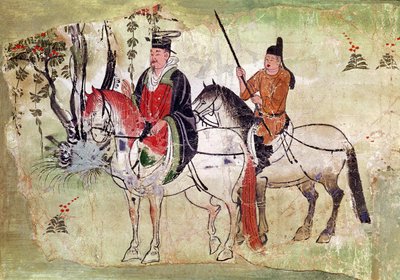 To ryttere i et landskab af, Bodhisattvaen og hans Equerry, Tang-perioden (malet sten) af Chinese School