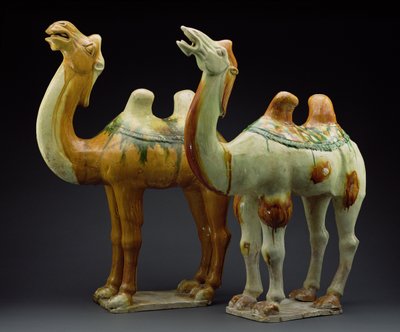 To kameler, Tang-dynastiet (618-907) (glaseret lertøj) af Chinese School