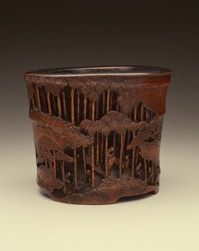 Stor børstepotte med de syv vismænd fra bambuslunden på deres litterære sysler i en bambusskov, Kang-hsi-perioden (1662-1722), Ching-dynastiet (udskåret bambus) af Chinese School Chinese School