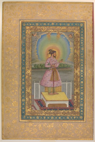 Shah Jahan på en terrasse, holder et vedhæng med sit portræt, folio fra Shah Jahan-albummet, recto: 1627-28 af Chitarman