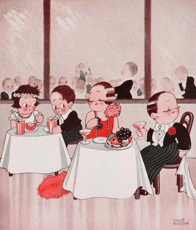 Town mice and country mice, Refined citizens vs unrefined countrymen, restaurant scene, tegning af Chloe Preston (1887-1969) fra The Tatler, nr. 1384, 4. januar. af Chloe Preston