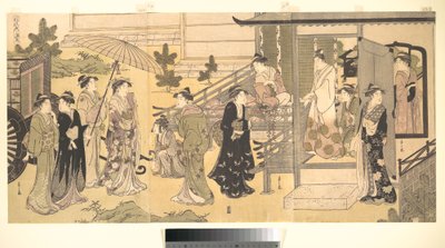 En forklædt scene fra Fortællingen om Genji (Fūryū Yatsushi Genji), kapitel 33, «Blåregnens blade (Fuji no uraba)» af Chobunsai Eishi
