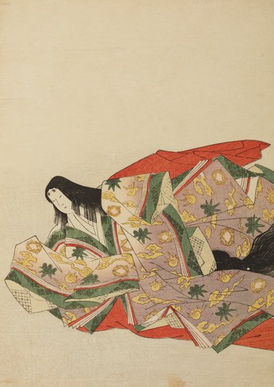 Hofdame siddende i en lysviolet dragt med grønt og gult mønster, plansche fra albummet: Nishiki-zuri onna sanju rokkasen e-zukushi af Chobunsai Eishi